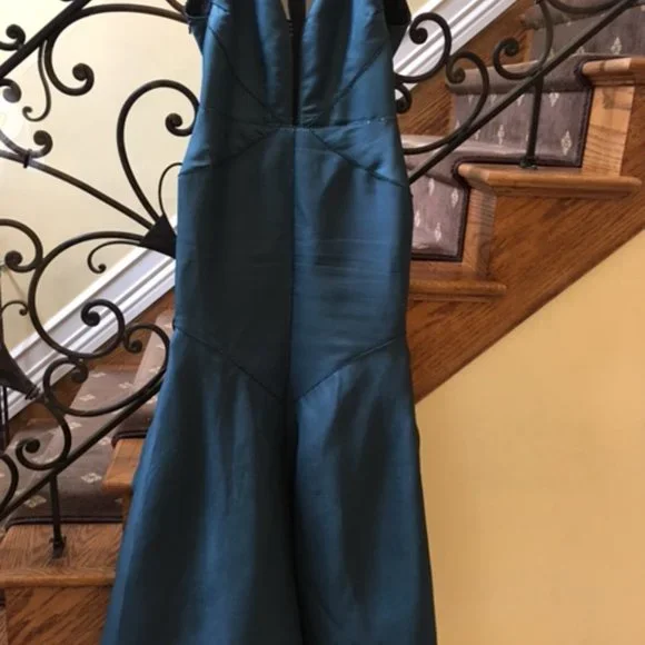 J Mendel Green Trumpet Evening Dress Gown Beads Sheer Seams Train Sz 10 Nice